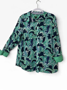 Talbots Plus Green Blue Paisley Print Button Down Shirt Green Blue Paisley
